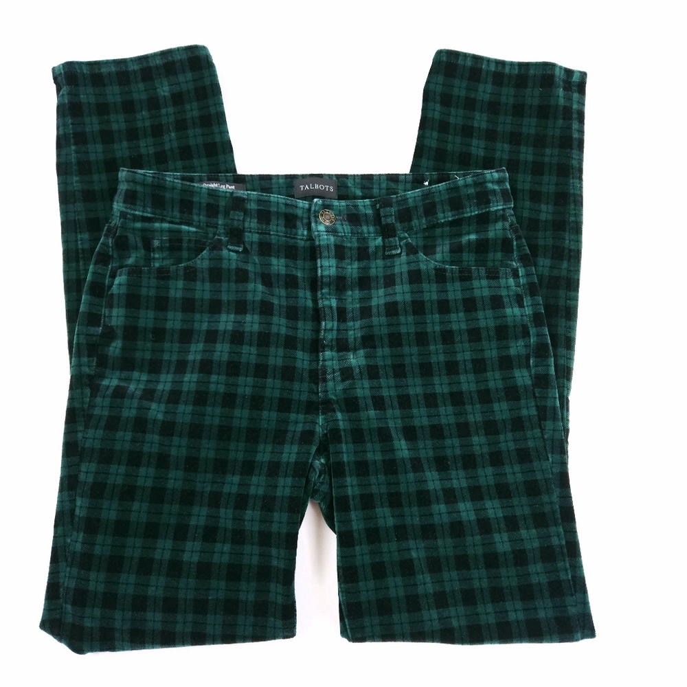 Talbots Velveteen Straight Leg Pants Womens 4 Green Black Tartan Plaid Stretch